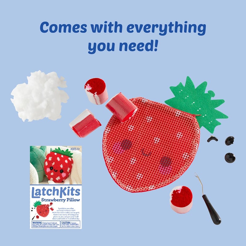 LatchKits وسادة الفراولة - مجموعات حياكة للطفل، فنون وحرف، فن الخيوط، حرف للأطفال، ألعاب للبنات، هدية عيد ميلاد للبنات، نمط سهل المتابعة، خطاف متضمن، مجموعات حرفية، للأعمار 6 سنوات فما فوق - Image 2